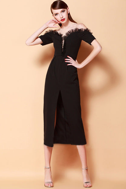Lace Ruffle Faux Tube High Mid-Slit Midi  Dress