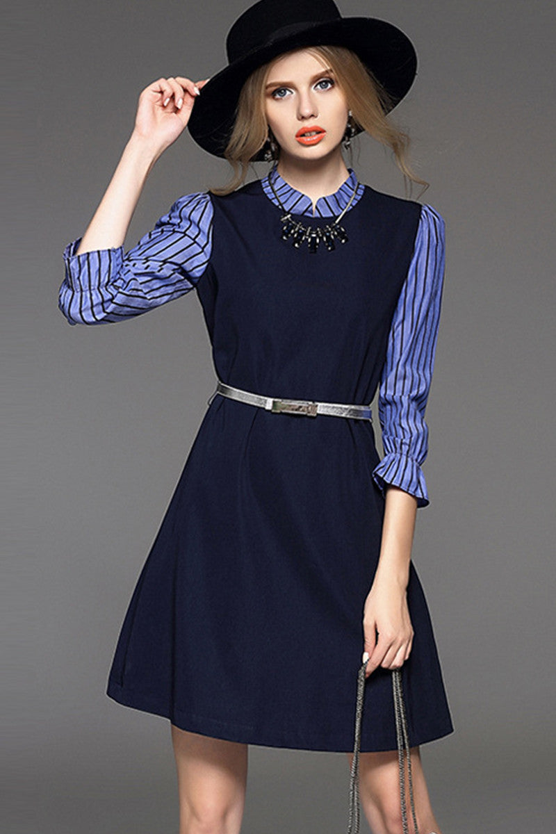 Faux Two Piece Little Mock Neck Flared Dress
