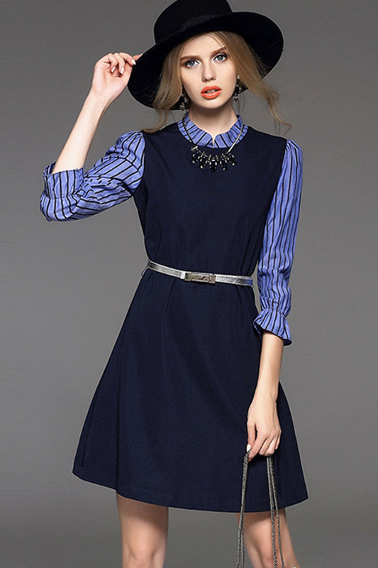 Faux Two Piece Little Mock Neck Flared Dress