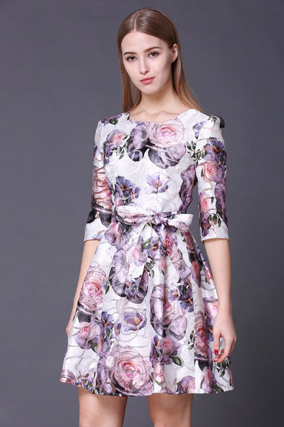 Rose Pattern Short Dress With Bowknot