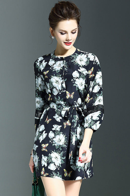 women's round neck flower printing 3/4 sleeve casual loose short dress with belt
