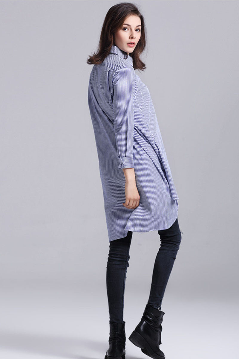 Roll Collar Line Stripe Pattern Front Pocket  Short Front Long Back Long Shirt - NJOYDRESS - 3