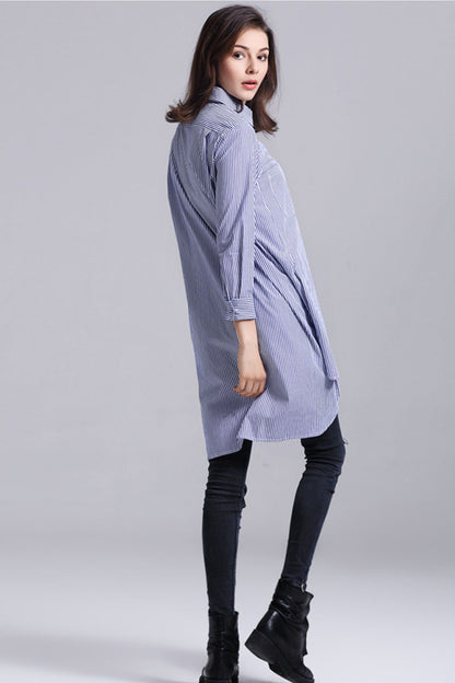 Roll Collar Line Stripe Pattern Front Pocket  Short Front Long Back Long Shirt - NJOYDRESS - 3