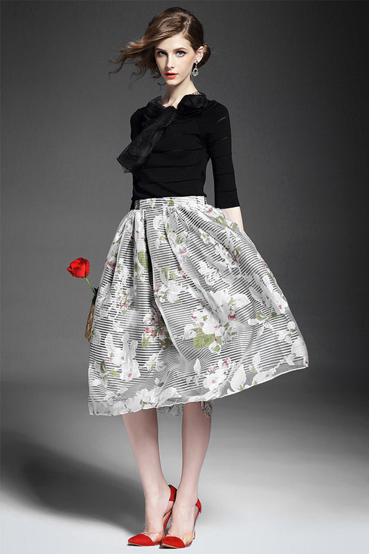 Women's Slim Half Sleeve Boat Neck Knitwear Casual Printing Floral Dress - NJOYDRESS - 1