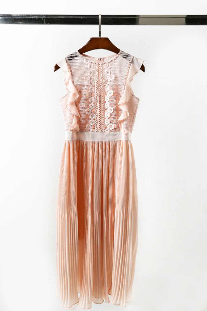 Lace-Inset Ruffle Pleated Midi Cocktail Dress
