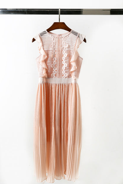 Lace-Inset Ruffle Pleated Midi Cocktail Dress
