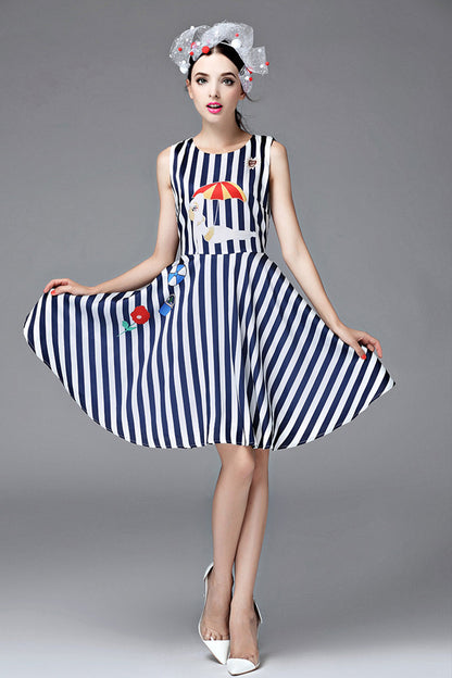 Stripe Slim A-line Sleeveless Casual Short Dress