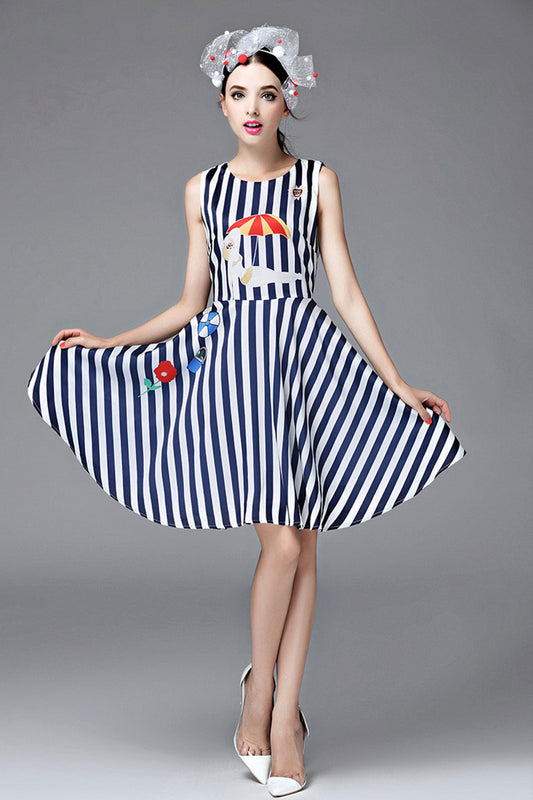 Stripe Slim A-line Sleeveless Casual Short Dress
