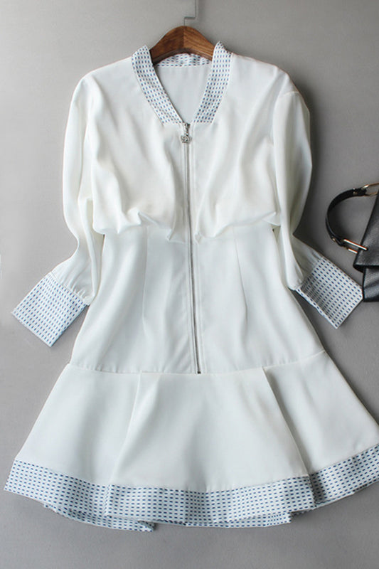 V Neck Puff Sleeve Empire Waist Flare Hem Dress With Zipper