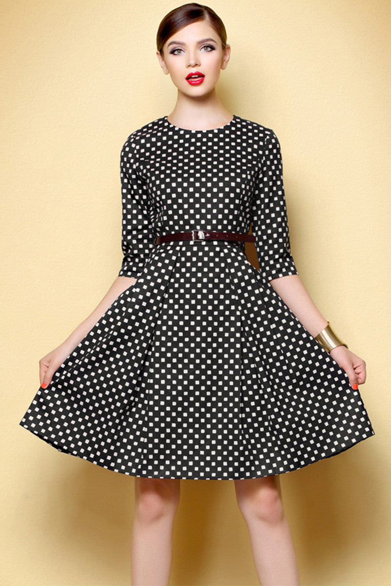 Women's Heart Printing Skirt Casual Round Neck Slim A-line Flare Dress With Belt - NJOYDRESS - 1
