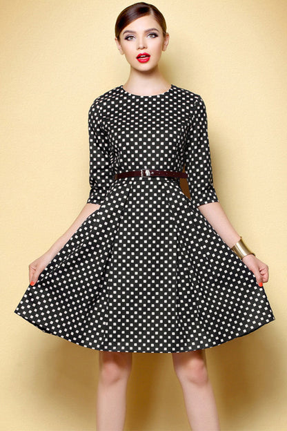 Women's Heart Printing Skirt Casual Round Neck Slim A-line Flare Dress With Belt - NJOYDRESS - 1