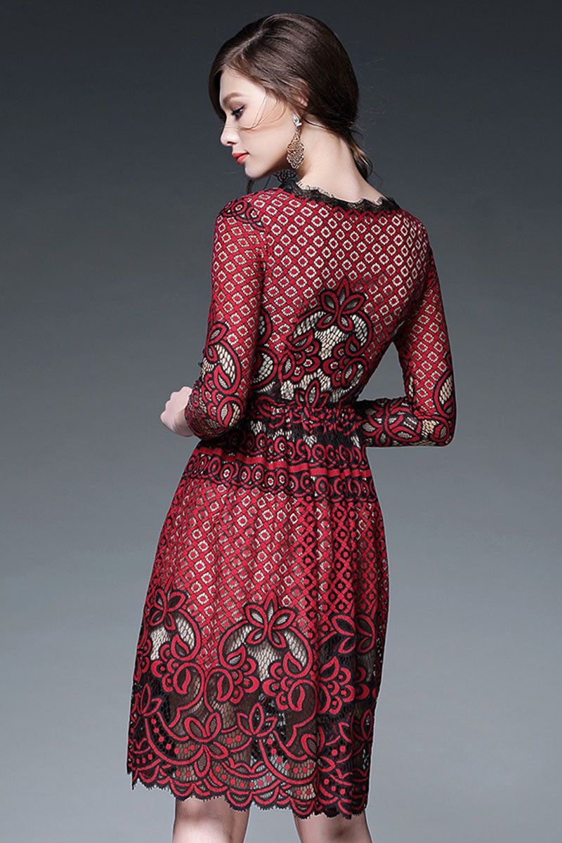 Lace Round Collar Cutout Pattern A-line Dress - NJOYDRESS - 3