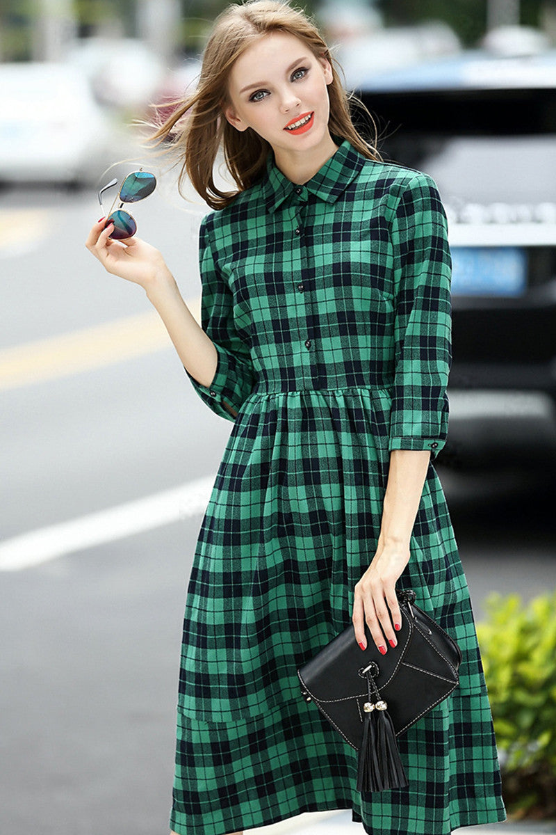 Lapel Neck Plaid Tunic Pleat Dress With Belt