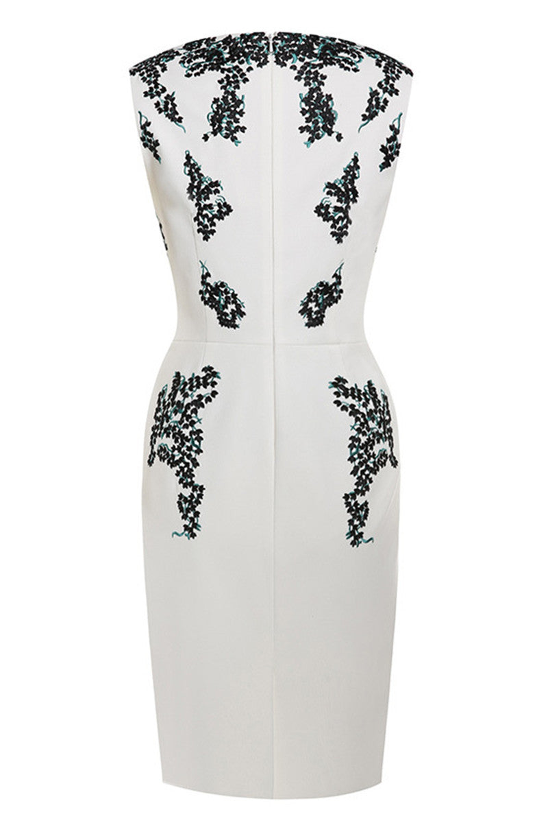 Round Collar Sleeveless Floral Embroidery Slim Dress