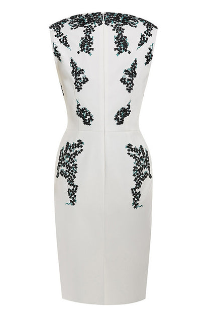 Round Collar Sleeveless Floral Embroidery Slim Dress