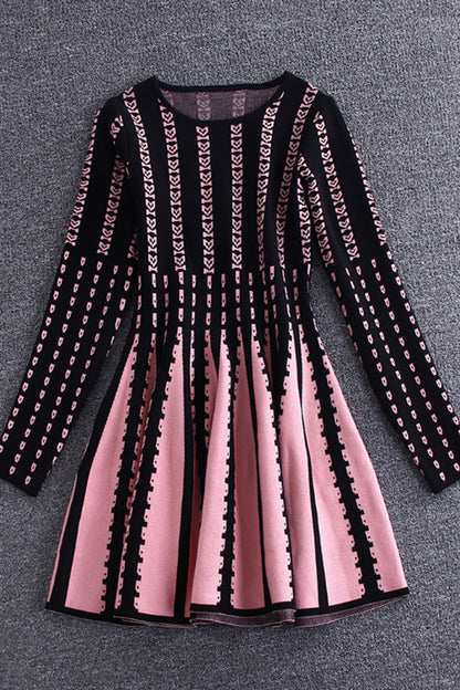 Round Collar  Vertical Stripe Pattern Slim Knit Pleated  Dress