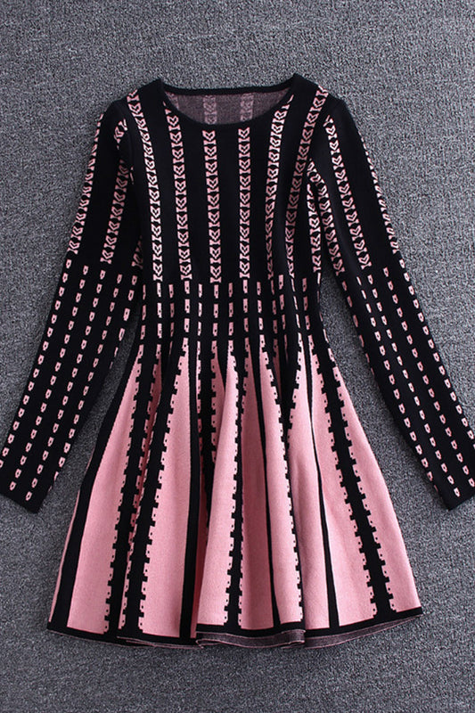 Round Collar  Vertical Stripe Pattern Slim Knit Pleated  Dress