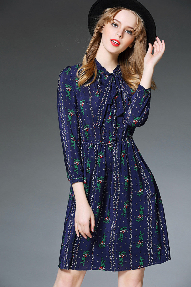Lacing Neck Floral Pattern Dress - NJOYDRESS - 1