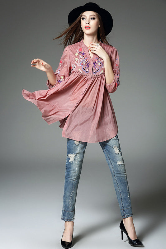 Emboridered With Stud Flared Button Down Shirts