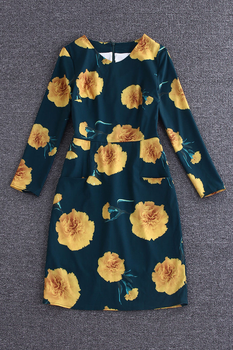 Round Collar Floral Pattern 3/4 Sleeve Pocket Patch Dress