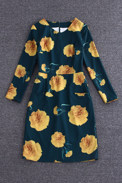 Round Collar Floral Pattern 3/4 Sleeve Pocket Patch Dress