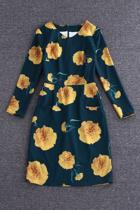 Round Collar Floral Pattern 3/4 Sleeve Pocket Patch Dress