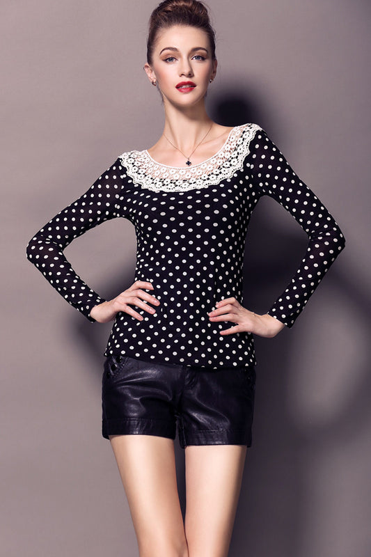 WOMEN'S CASUAL DOT PRINTING BOAT NECK LONG SLEEVE TOP