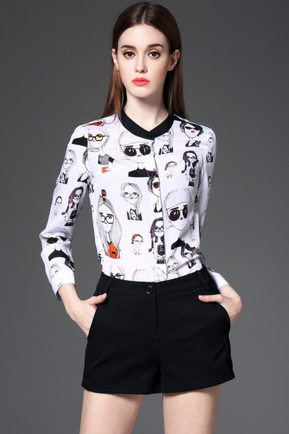 Round Collar Cartoon Character Pattern Blouse