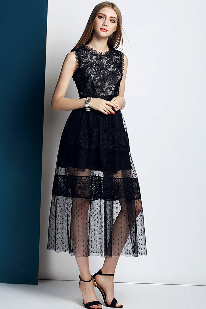 Round Collar Beads Sequins Pleat Dress With Illusion Mesh Top