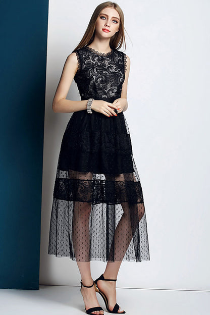 Round Collar Beads Sequins Pleat Dress With Illusion Mesh Top