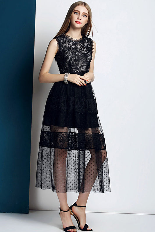 Round Collar Beads Sequins Pleat Dress With Illusion Mesh Top