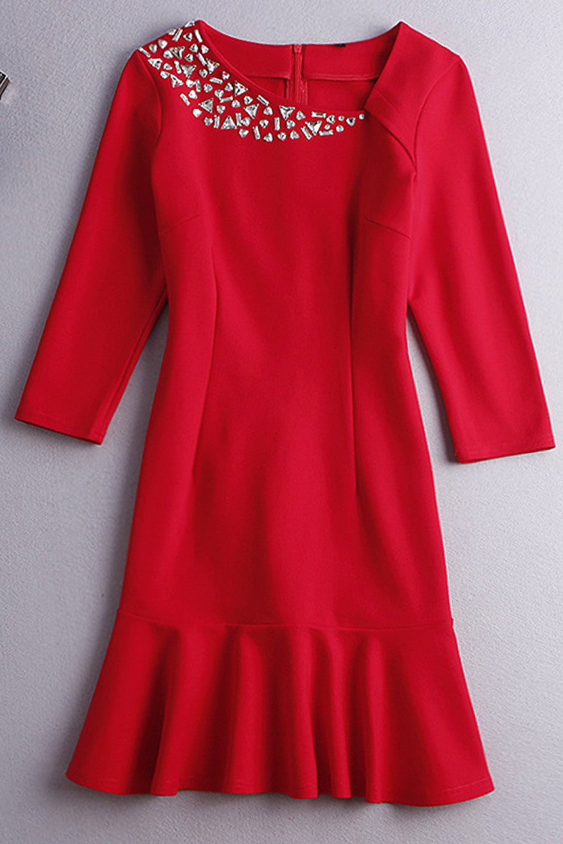 WOMEN'S SLIM 9 SLEEVE BEADED SHORT DRESS