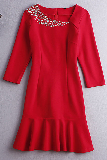 WOMEN'S SLIM 9 SLEEVE BEADED SHORT DRESS
