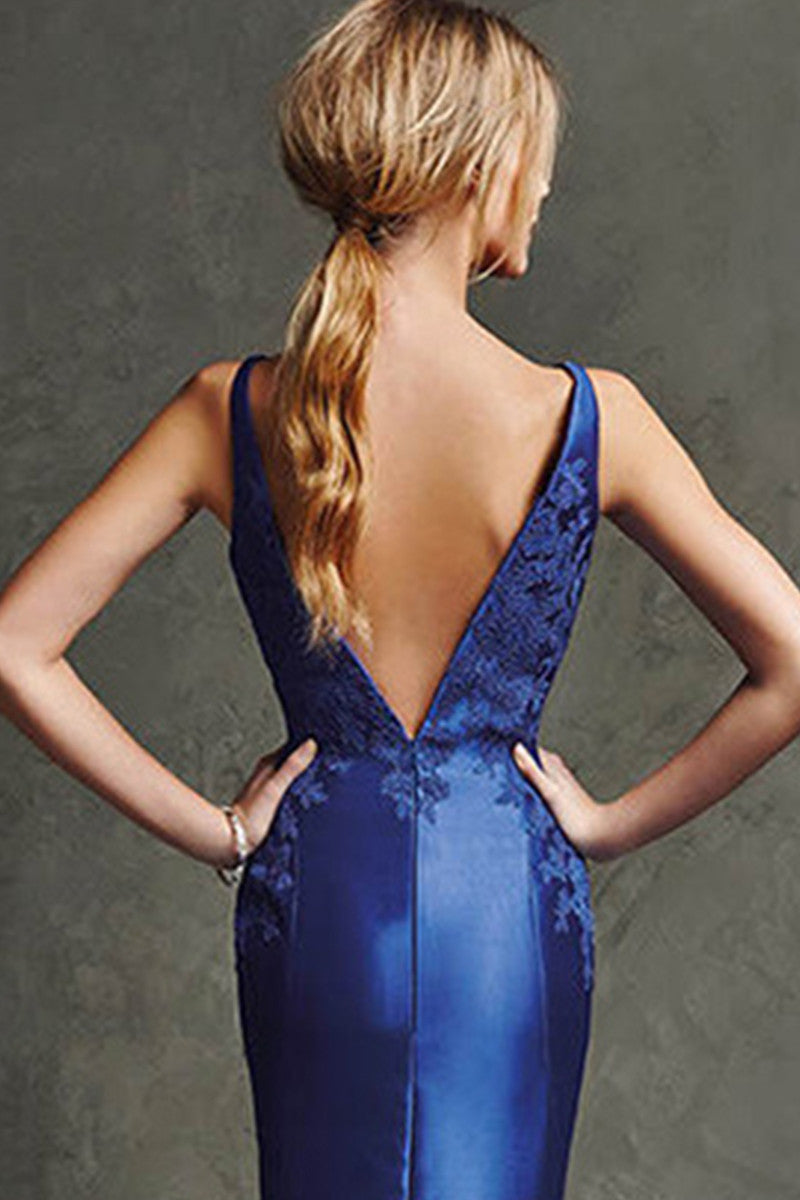 Deep Cleavage-V Shade Backless Floral Patch Prom Party Dress