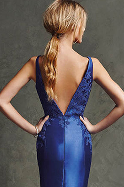 Deep Cleavage-V Shade Backless Floral Patch Prom Party Dress