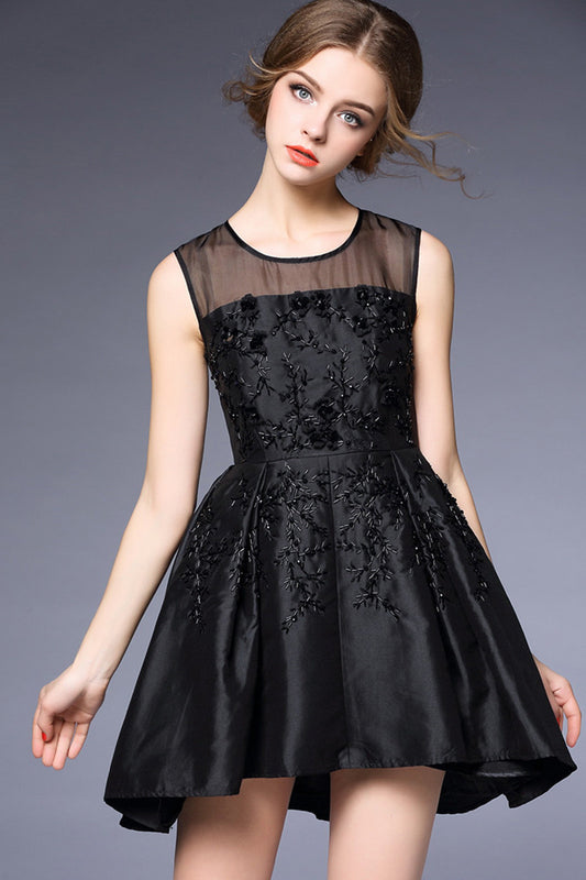 Round Collar Beads Sequins Pleat Dress With Illusion Mesh Top