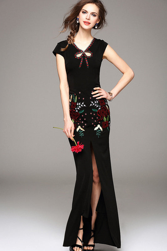 Hollow-Out V Neck Front Slit Embroidery Long Dress