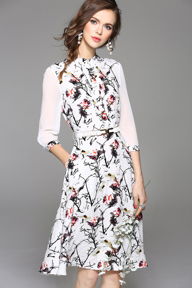 Elegant Half Sleeve Rose Wash Printed Midi Wear To Work Dress