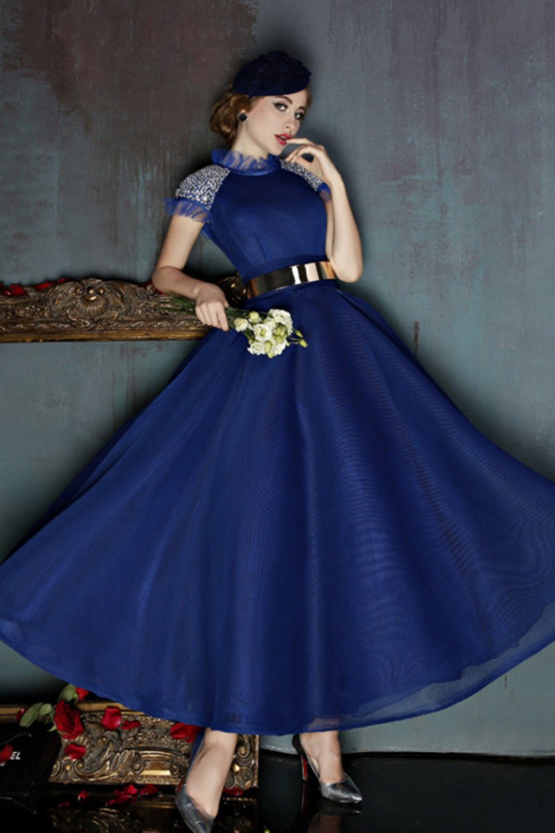 Stand Collar Flare Neck Cap Sleeve Full Dress Grown