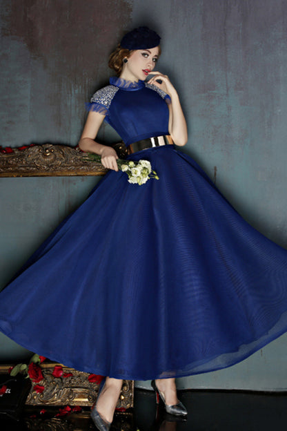 Stand Collar Flare Neck Cap Sleeve Full Dress Grown