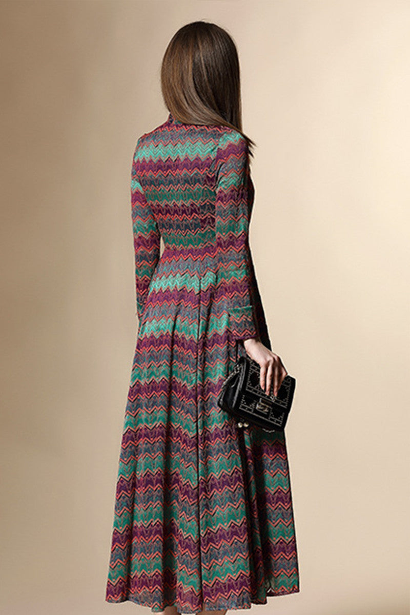 Round Collar Geometry Pattern Lace Patch Vintage Ankle  Chiffon Dress - NJOYDRESS - 3