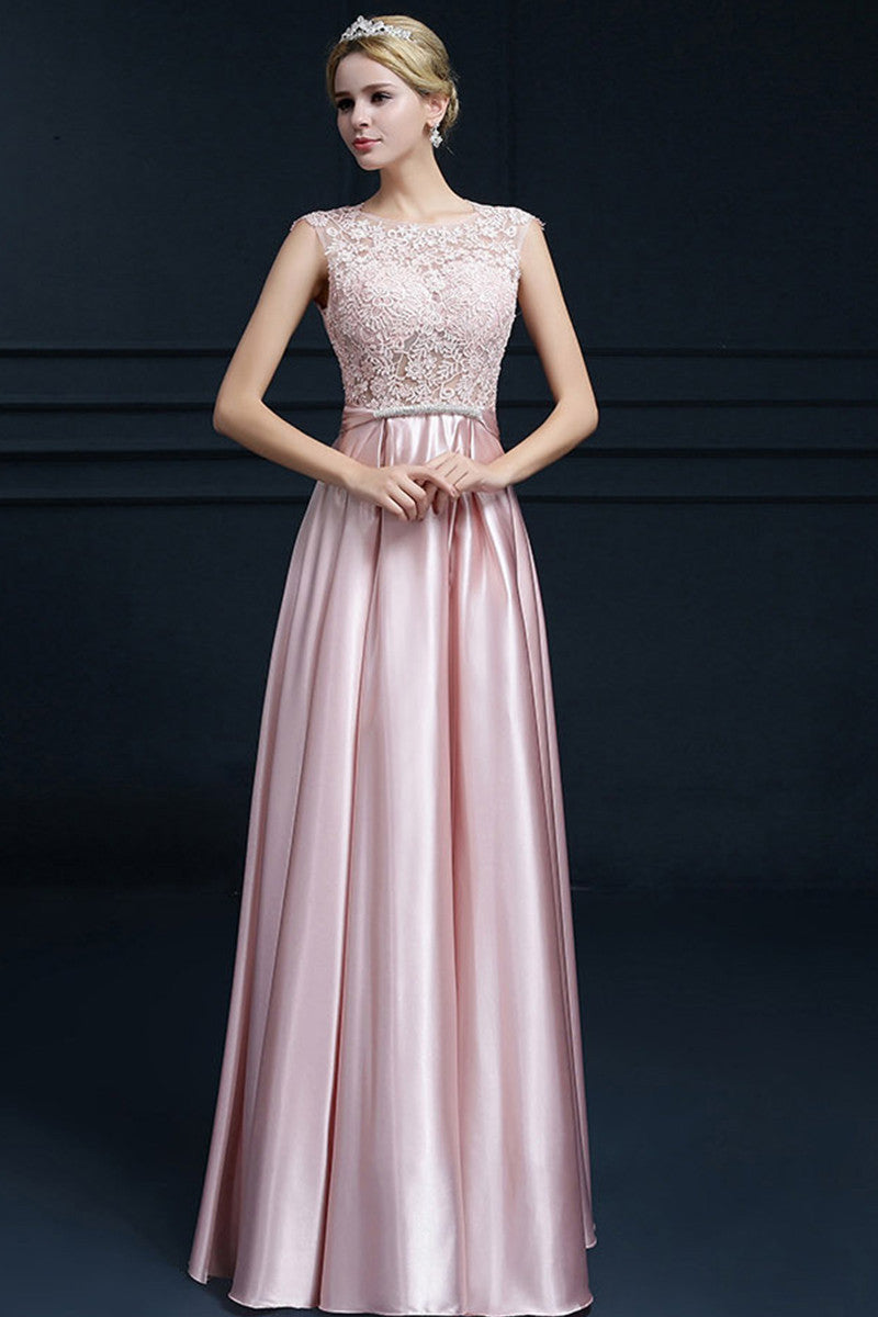 Lace Top Fit-and-Flare Satin Prom Party Dress