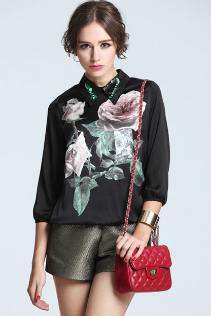 Sequin Lapel Neck Rose Print Loose Top