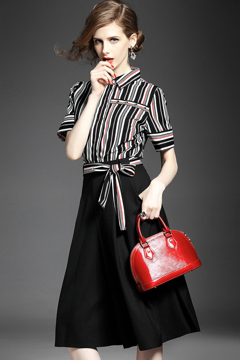 1 Women's Polo Neck Shirt Short Sleeve Slim Stripe Skirt With Belt Suit - NJOYDRESS - 1