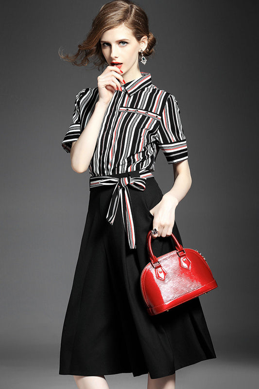 1 Women's Polo Neck Shirt Short Sleeve Slim Stripe Skirt With Belt Suit - NJOYDRESS - 1
