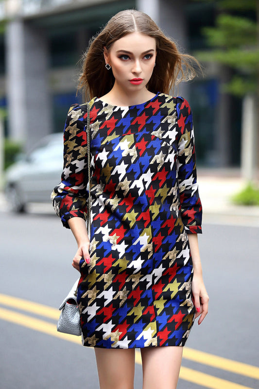 WOMEN'S SLIM ROUND NECK PRINT AND FLORAL 3/4 SLEEVE VOCATION SHORT DRESS
