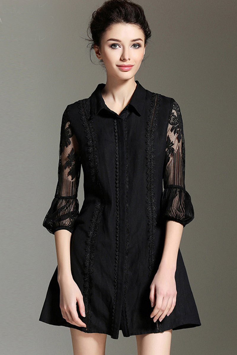 Linen Blending Lace Trim Decoration Button Down Shirts
