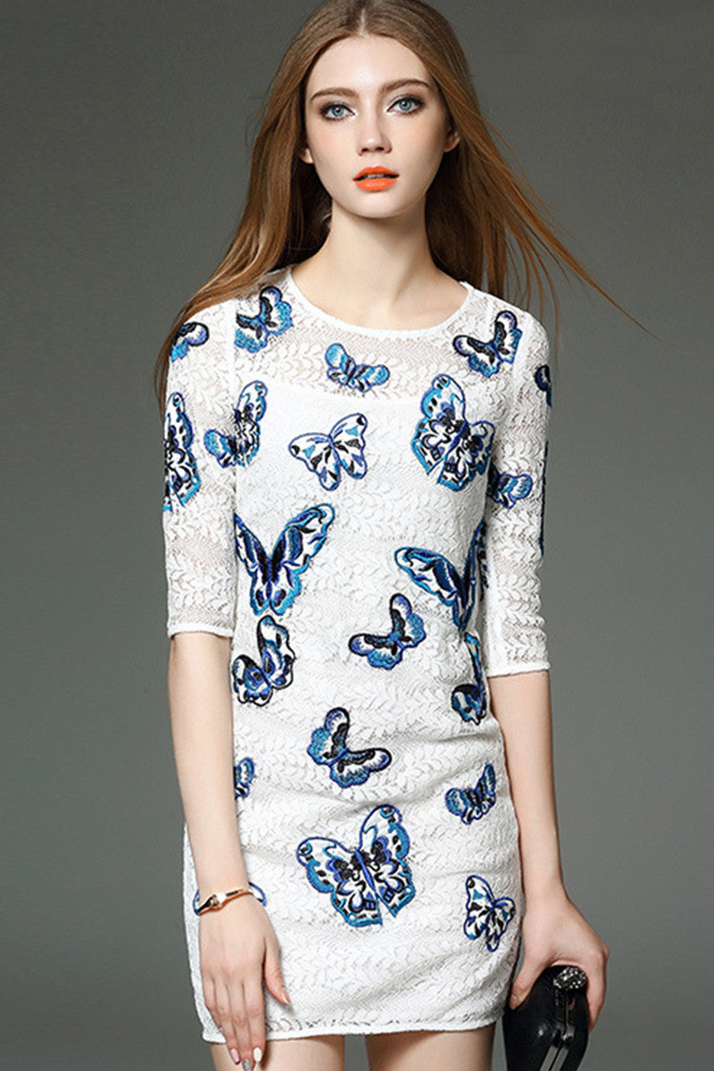Round Collar Butterfly Embroidered Lace Bodycon Dress