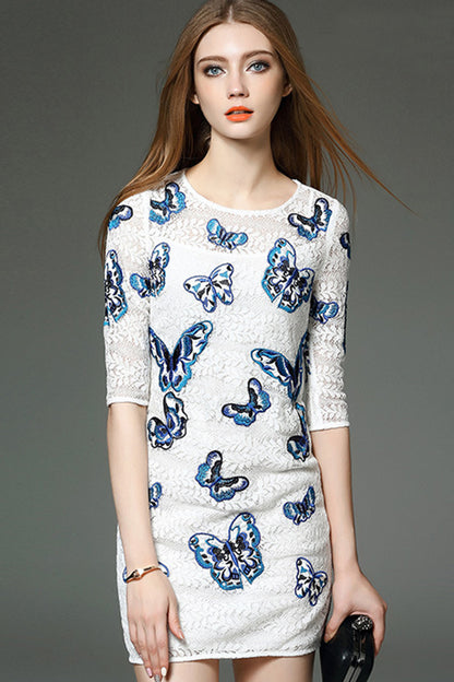 Round Collar Butterfly Embroidered Lace Bodycon Dress