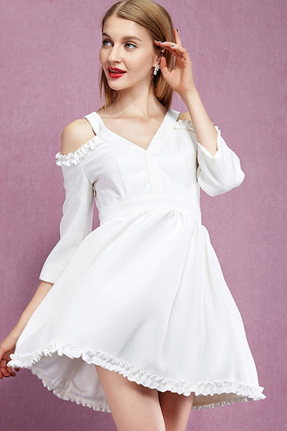 [30% OFF TILL 8 APR] Elegant V Neck Irregularity Hollow-Out Sleeve Patched Mini Dress